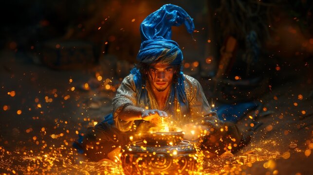 aladdin rubbing lamp summoning genie