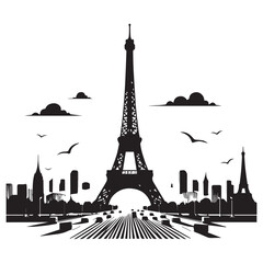Obraz premium Paris city line style illustration. Famous Eiffel Tower in Paris, France. Architecture city symbol of France. Outline building vector illustration. Sky clouds in background. Travel and tourism banner.
