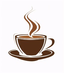 Obraz premium Modern Vector Logo of Coffee Cup with Steam on White Background in Brown and Black Colors, Simple Lines Clip Art Design
