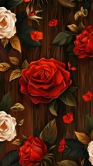 Greeting card,  the wooden background with realistic flowers