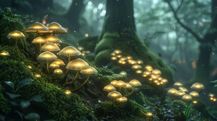A journey through a mystical forest adorned with magic mushrooms