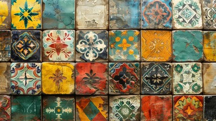 Vintage decor with a captivating image showcasing an old ceramic tiles wall decoration and retro background