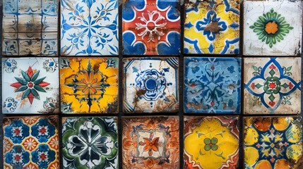 Vintage decor with a captivating image showcasing an old ceramic tiles wall decoration and retro background