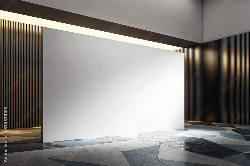 Poster An empty luxury gallery with a large blank wall and modern geometric floor design set against a dark and striped backdrop, ideal for a branding or art display. 3D Rendering