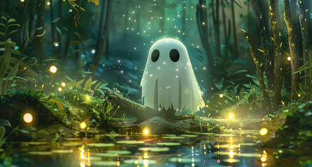 A cute ghost stands in the middle of an enchanted forest pond, surrounded by glowing fireflies. 