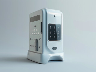 An advanced automatic dog food dispenser, isolated on a light solid background, displaying its user-friendly interface