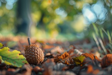 Closeup of a single acorn in a tranquil autumn woodland setting, surrounded by colorful leaves