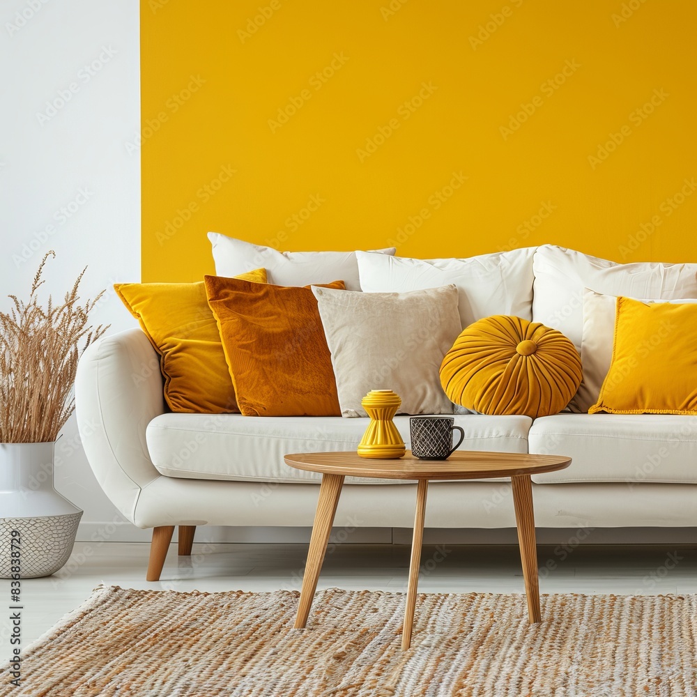 Canvas Prints This image features a cozy and stylish living room with chic yellow accents, making it a perfect abstract and warm background wallpaper as a potential best-seller