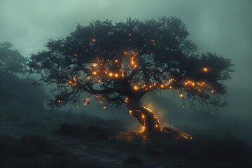 Enchanted tree with glowing runes, Halloween night, selective focus, mysterious, futuristic, overlay, misty forest backdrop