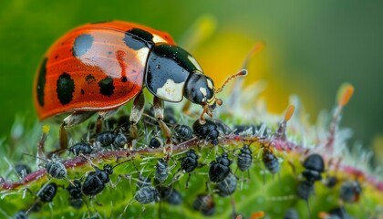 Ladybug voraciously consumes aphids, illustrating nature's pest control mechanisms garden