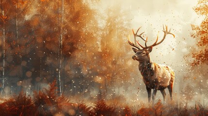 Obraz premium Deer with glowing antlers standing in morning mist, fall, steampunk, muted colors, watercolor and ink