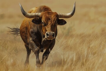 Majestic bull with long horns runs through a sunlit golden field, kicking up dust