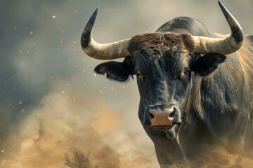 Powerful bull stands with horns prominent amid a hazy, dustfilled backdrop