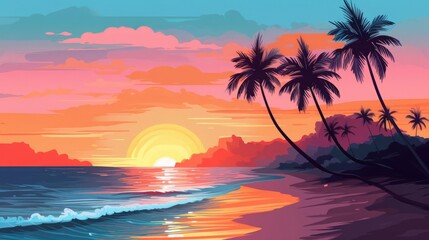 Fototapeta premium vector illustration style,Serene beach at sunset with gentle waves isolate white background
