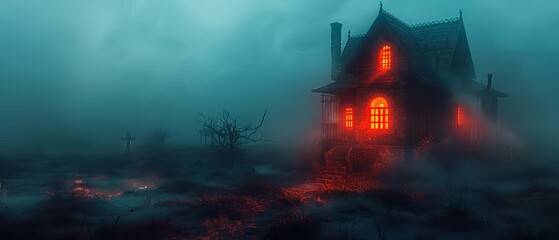 Frightening haunted house with glowing windows, eerie Halloween, copy space, chilling, dynamic, blend mode, foggy graveyard backdrop