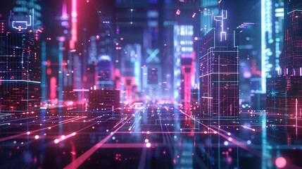 Naklejka premium Abstract cityscape composed of glowing neon grids, portraying the urban landscape of the digital age. 