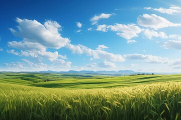 Obraz premium Highresolution panorama of contrasting fields, one half lush green grass, the other half golden wheat, bright blue sky with wispy clouds, vivid and clear, capturing the essence of summer agriculture a
