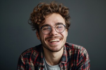 Obraz premium Portrait of a joyful young man with curly hair and eyeglasses, expressing genuine happiness
