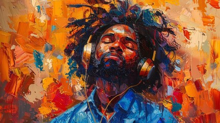 Abstract oil painting of an African man with dreads wearing blue shirt and gold headphones listening to music, colorful, vibrant, orange red yellow color palette