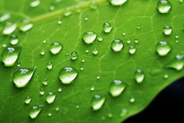 Closeup shot of fresh green leaf with water droplets, capturing intricate leaf texture and reflections in droplets, natural light, macro photography, high resolution, vibrant green hues, natures detai