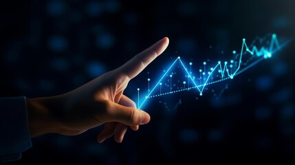 Closeup of a businessmans hand interacting with a glowing upward trend line on a graph, highdefinition, dark blue background with subtle bokeh effect, professional and futuristic, symbolizing economic
