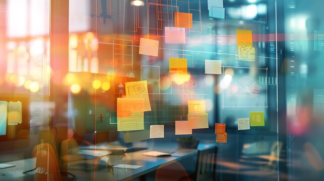 A digital brainstorming session with virtual sticky notes and collaborative tools, showcasing the innovative spirit of modern businesses.