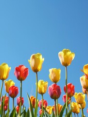 Blooming Beauty: Colorful Tulip Field under Blue Sky with Copy Space