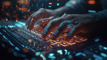 A close-up of hands typing on a futuristic keyboard with holographic displays, illustrating the seamless interaction between humans and technology 