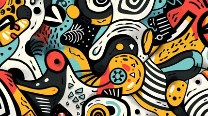 Abstract background with doodle shapes and forms, Colorful cartoon pattern for fabric or textile print, wallpaper or cover. Modern artistic pattern of abstract shapes and figures