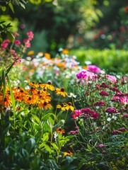 Fototapeta premium Lush Garden Paradise: Colorful Blooms and Plants with Copyspace for Gardening Text