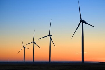 Fototapeta premium Golden Hour Glow: Panoramic View of Wind Turbine Farm at Sunset Against Clear Sky for Text Overlay
