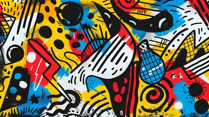 Obraz premium Abstract background with doodle shapes and forms, Colorful cartoon pattern for fabric or textile print, wallpaper or cover. Modern artistic pattern of abstract shapes and figures