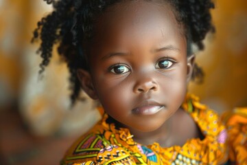 Closeup of a child with captivating eyes and curly hair, wearing a vibrant outfit