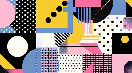 Abstract background with colorful geometric shapes and lines in the style of Memphis design, with a pink yellow blue simple, minimalist, colorful, fun, playful, and cute an empty space for text