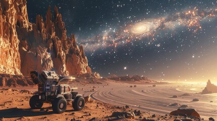 a robotic lander exploring the surface of a rocky exoplanet, with nearby stars and a distant galaxy visible