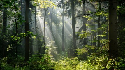 Fototapeta premium Tranquil Forest Landscape with Sunlight Filtering Through Trees for Text Overlay