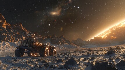 a robotic lander exploring the surface of a rocky exoplanet, with nearby stars and a distant galaxy visible