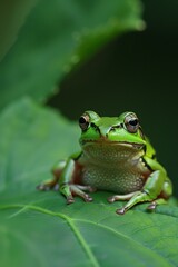 Naklejka premium Macro Shot of Frog Sitting on Green Leaf with Blurred Background for Copy Space