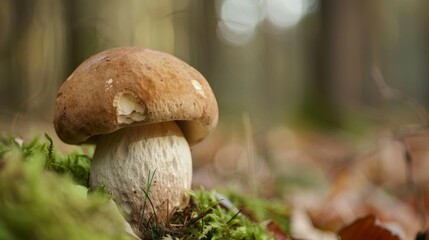 A Close-up of a Mushoom in a Forest with Soft-focus Background for Copyspace