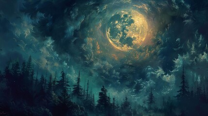 Haunted forest seen from a worms-eye view, at the stroke of midnight, a fearsome werewolf under a radiant full moon, oil painting style with rich, dark hues and intricate details