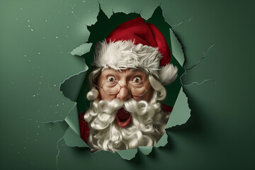 Santa Claus Breaking Through Wall with Surprised Expression on Green Background (generative AI)
