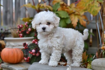 Cute white fluffy puppy standing by fall decorations with leaves and pumpkin