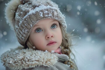 Closeup of a child with big blue eyes wearing a winter hat, looking away amidst a gentle snowfall