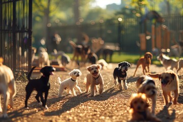 Assortment of joyful dogs playing at a fenced park during golden hour