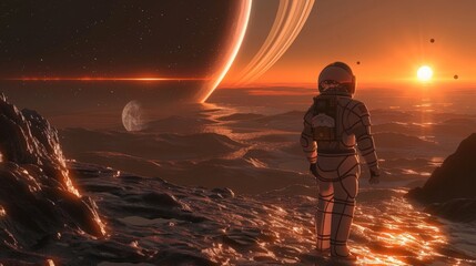 an astronaut walking on the surface of a distant planet, with a large ring system and multiple moons in the sky