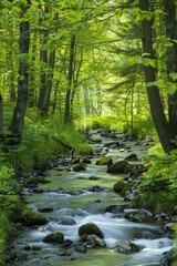 Fototapeta premium Serene Forest Landscape with Flowing Stream, Copy Space Above - Perfect for Nature and Relaxation Concepts