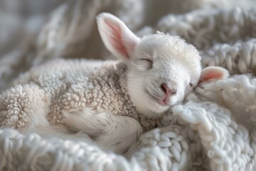 Adorable newborn lamb resting with eyes closed, enveloped in a cozy, textured blanket