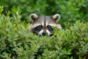 Watchful raccoon hides behind lush greenery, peeking out with bright eyes