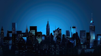 Fototapeta premium A cityscape silhouette in black on a deep blue background, emphasizing the sleek lines of modern architecture
