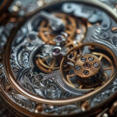 Close-up of intricate, golden gears and intricate metalwork within a watch mechanism.